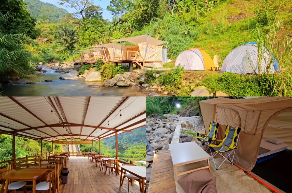 Tenda glamping Panorama Hejo Sentul di pinggir sungai
